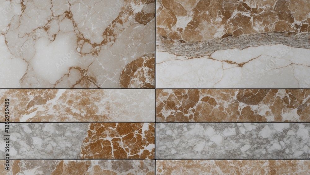 Poster different types of patterned marble tiles in various colors and styles arranged in a grid layout for