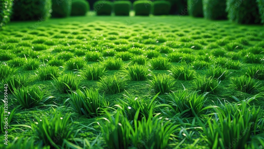 Poster lush green lawn with evenly distributed grass patches and well-trimmed hedges in the background duri