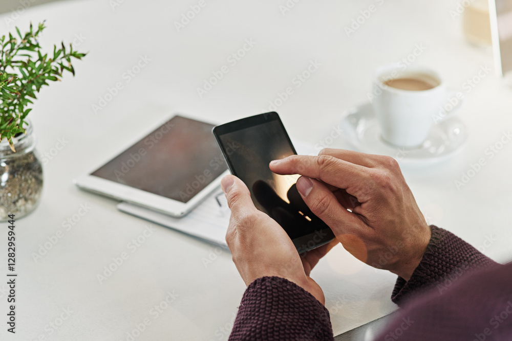 Poster office, phone screen and hands of business person with mockup for internet, research and online chat