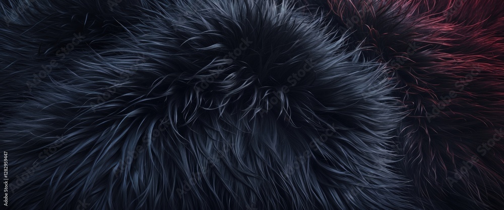 Poster black and red fur texture background with soft, fluffy strands in a close-up view