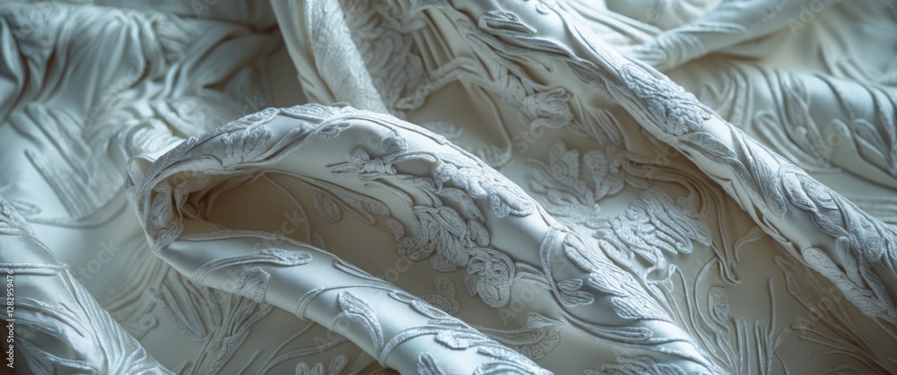 Poster textured white fabric with intricate embroidery displaying floral patterns and soft draping, ideal f