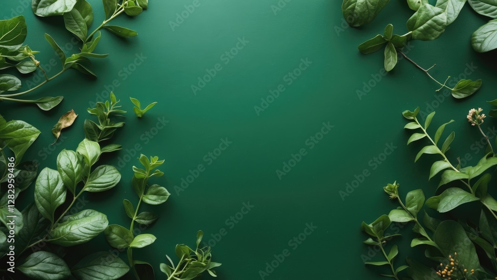 Poster green background with assorted fresh green leaves arranged in a symmetric pattern creating a natural