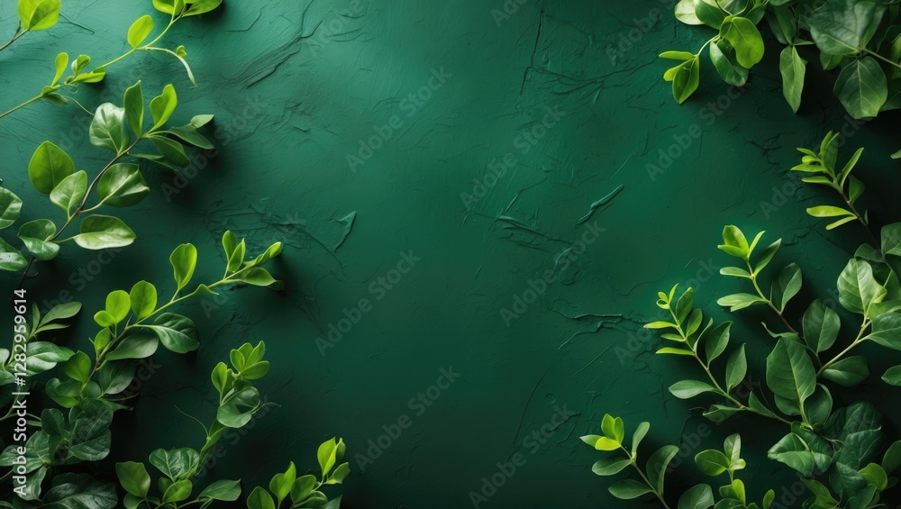 Poster green textured background with various lush green leaves arranged around the edges creating a natura