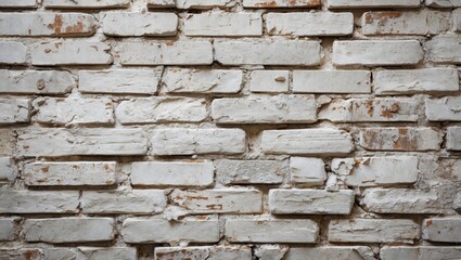 Fototapeta premium Whitewashed brick wall with distressed texture and peeling paint, ideal for rustic or vintage backgrounds.