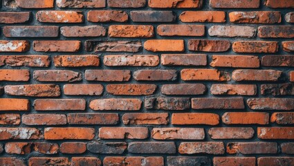 Obraz premium Texture of an old red brick wall with varying shades and patterns showcasing the structure and weathering of bricks
