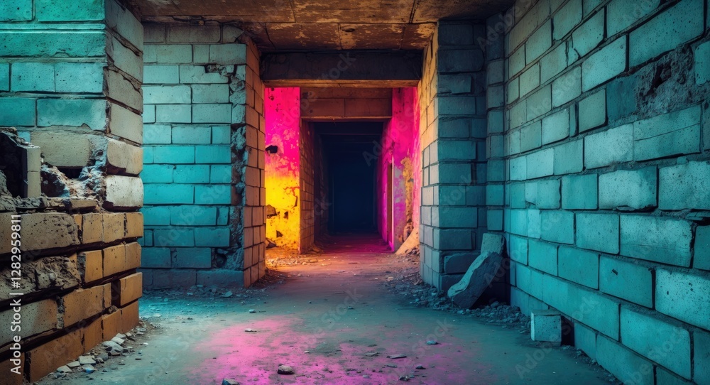 Poster colorful urban tunnel with illuminated walls and concrete structure in a derelict building environme