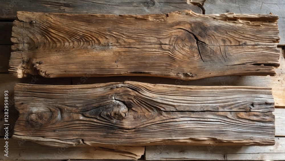 Poster close-up of two weathered wooden planks with distinct grain patterns and textures resting on a rusti