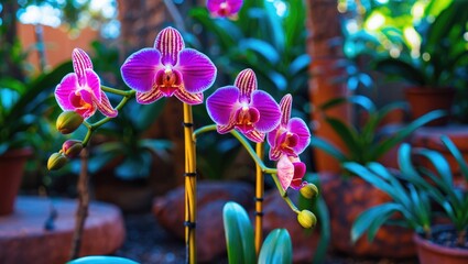 Vibrant pink orchids with striped petals growing in a lush garden setting surrounded by greenery and decorative stones.
