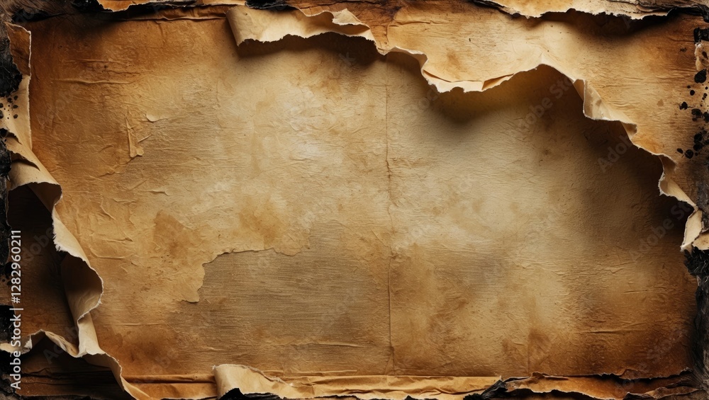 Poster old torn and burnt paper texture background with a vintage appearance and rough edges for design use