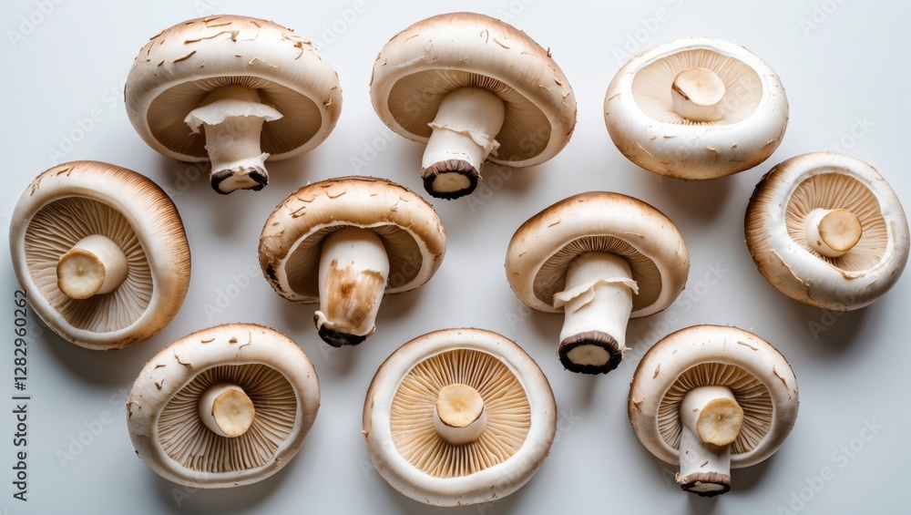 Poster fresh white mushrooms arranged on a light background showcasing their caps and gills in a top-down v