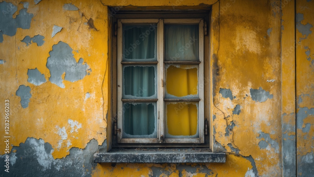 Poster old weathered window with peeling yellow paint and discolored curtains in a rustic urban setting