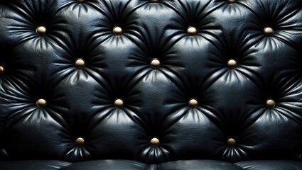 Close-up of black tufted leather upholstery with decorative gold buttons highlighting texture and design.