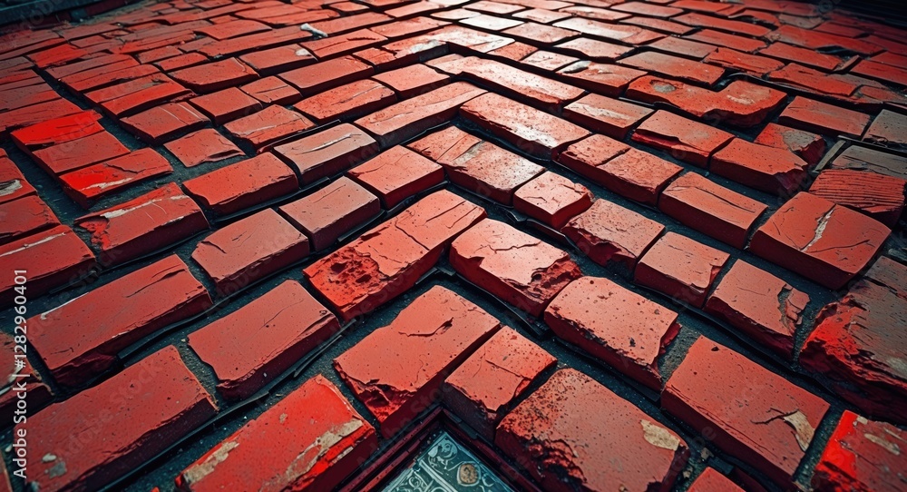 Poster close-up view of textured red brick pavement with angled patterns and weathered surfaces in urban se