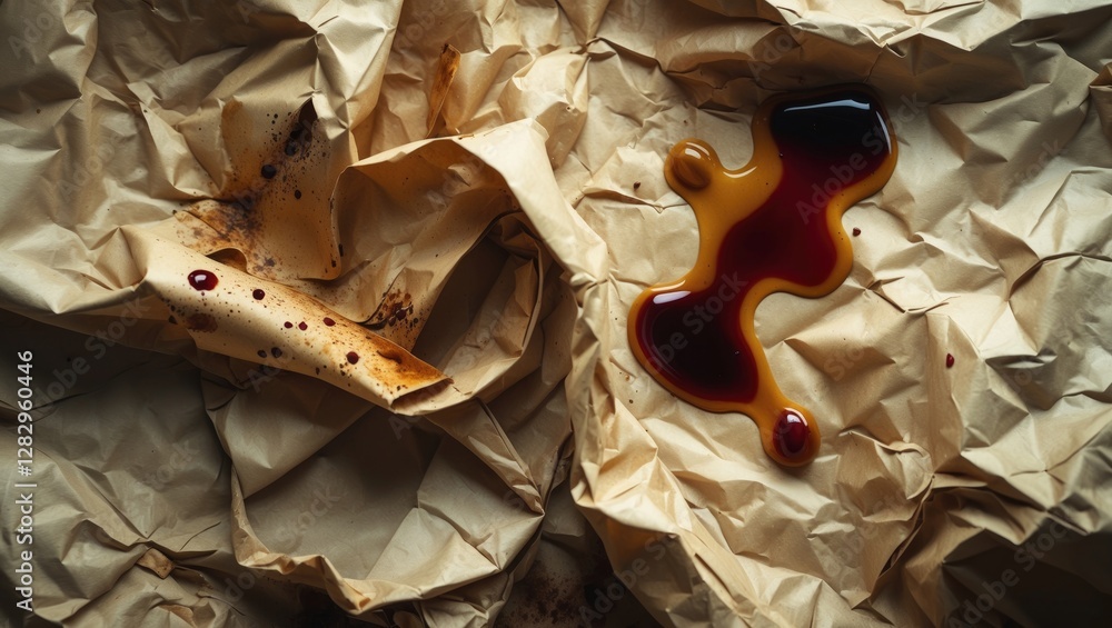 Poster crumbled brown paper background with dark liquid stains and spills creating an abstract texture and 