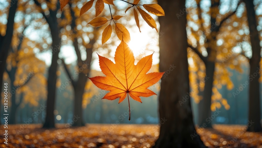 Poster autumn scene with a close-up of a golden maple leaf hanging from a branch with blurred trees in the 