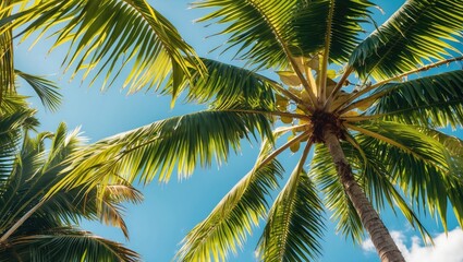 Fototapeta premium Tropical palm tree leaves against a clear blue sky captured from below perspective in daylight