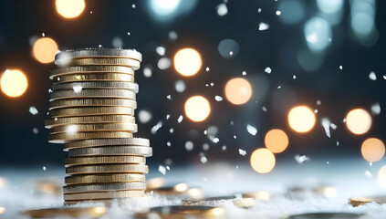 Stack of coins in snow with bokeh lights, representing winter savings or holiday finances; ideal for financial, seasonal, or investment articles
