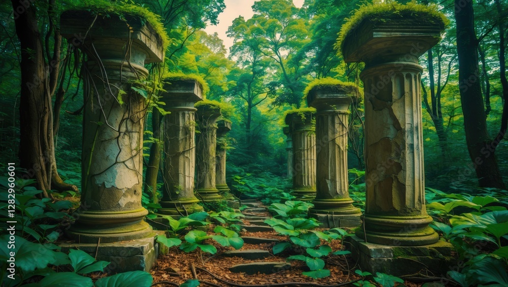 Poster ancient stone columns overgrown with vines and surrounded by lush greenery in a forest setting with 