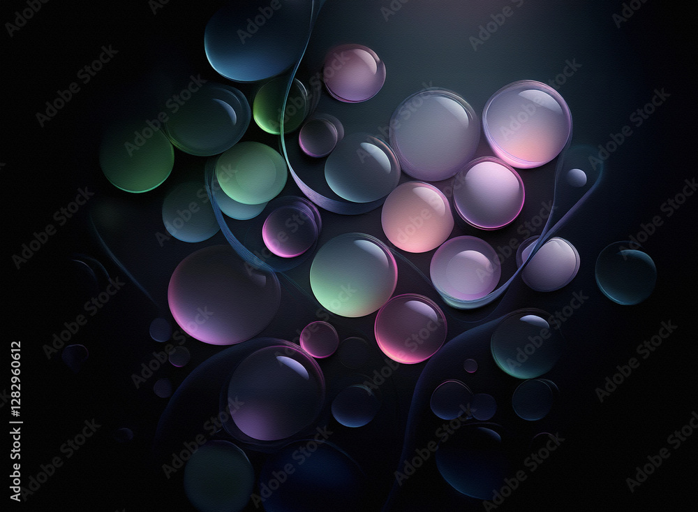 Poster colorful translucent spheres clustered on a dark background. flowing lines connect some spheres, cre