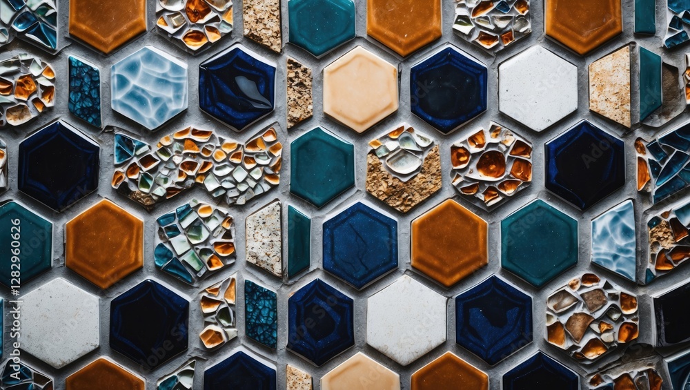 Aufkleber colorful hexagonal ceramic tile mosaic with various textures and patterns arranged in a geometric la