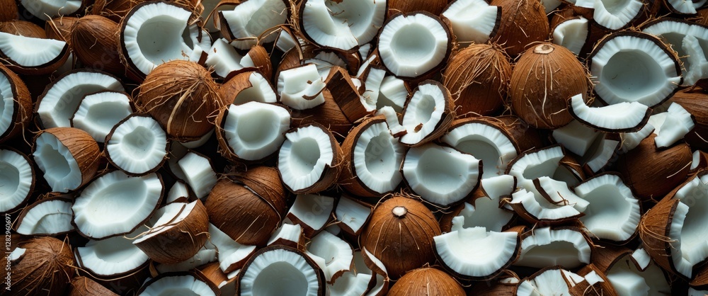 Poster Coconut shell halves and pieces arranged on a surface creating a textured background in natural light