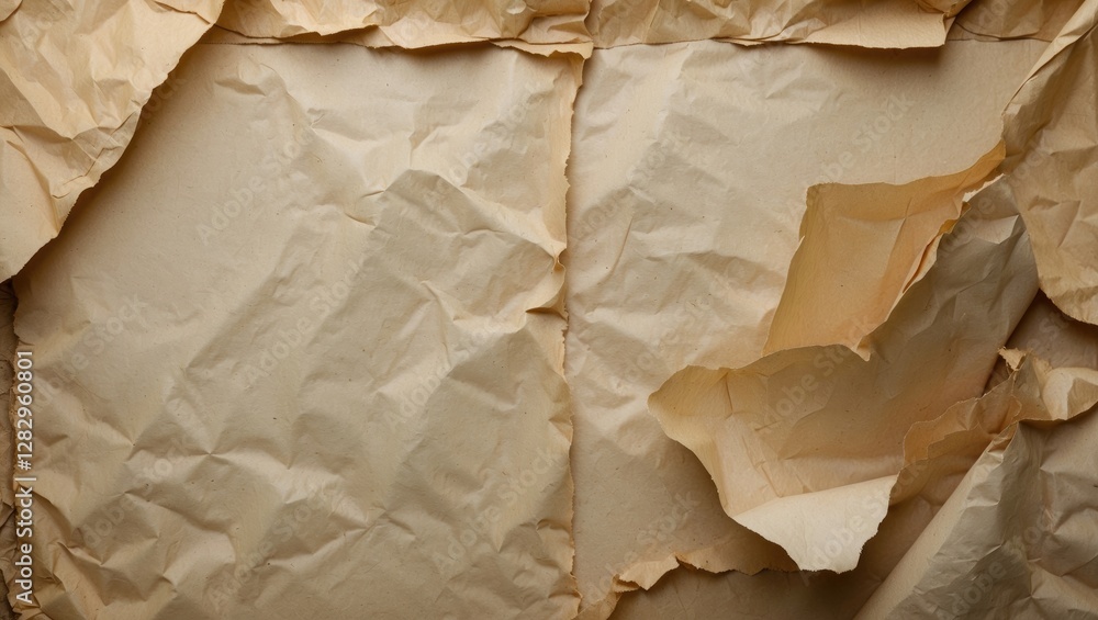 Poster textured crumpled old beige paper background with layered sheets and folds for vintage design or pap