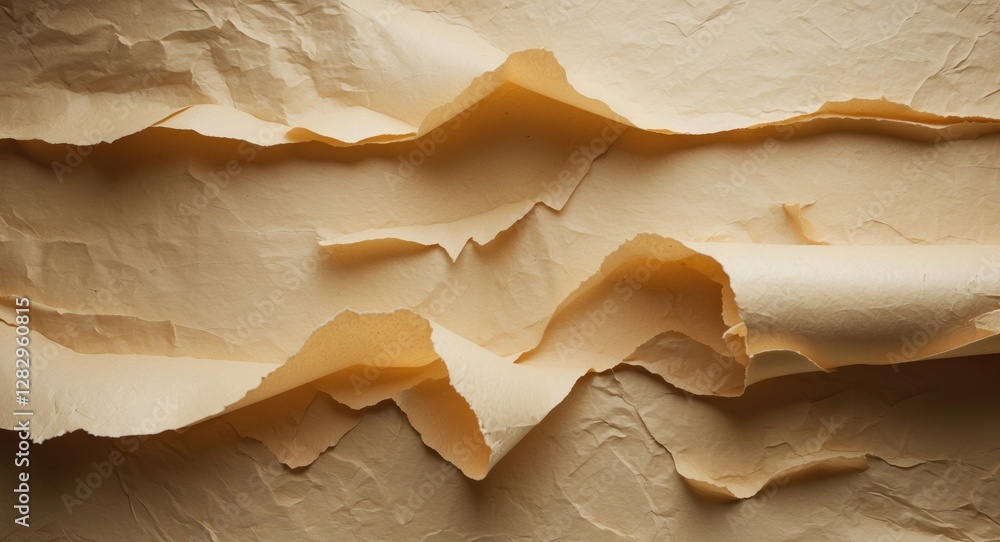 Poster textured crumpled paper sheets in soft beige color creating abstract patterns and layers with natura