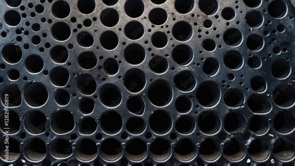 Poster black textured surface with a pattern of various sized circular holes creating a visually striking a