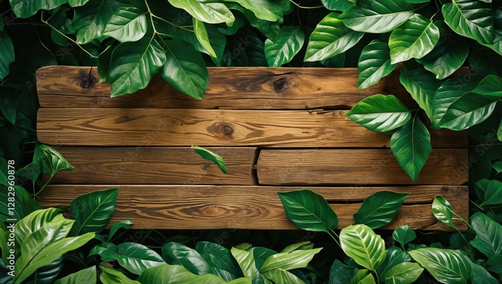 Poster wooden planks surrounded by green leaves creating a natural frame for text or content in a refreshin