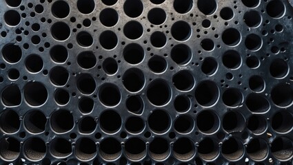 Naklejka premium Black textured surface with a pattern of various sized circular holes creating a visually striking abstract design