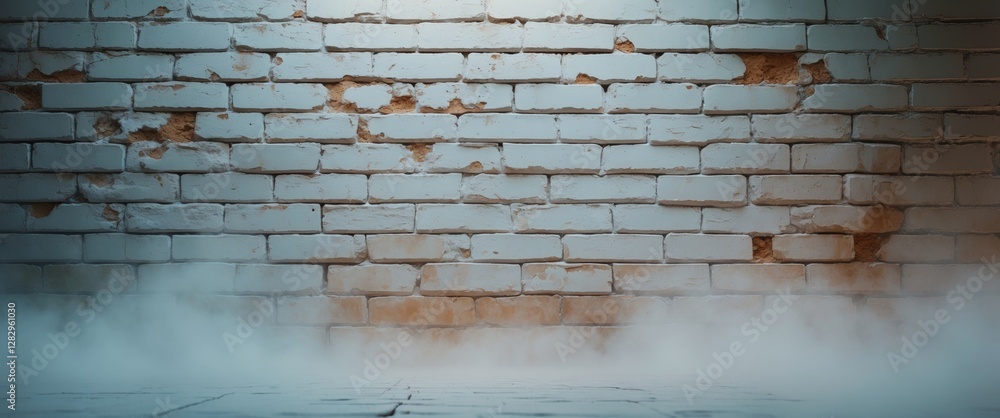 Aufkleber white brick wall with cracks and fog at the base, creating a moody atmospheric background for photog