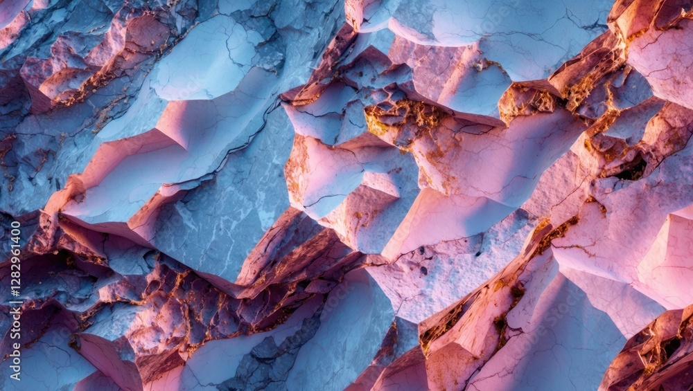 Poster colorful abstract close-up of textured rock surface with angular shapes and varying shades of blue a
