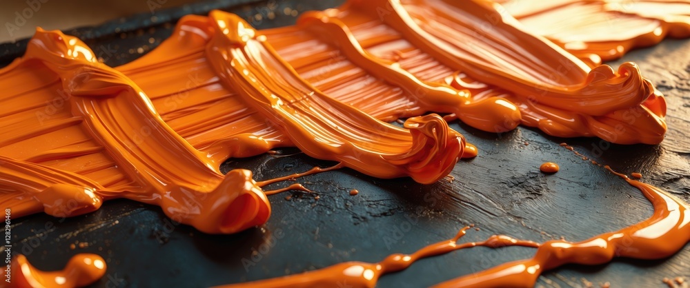 Aufkleber orange acrylic paint smeared on a black palette creating textured patterns and glossy surface reflec