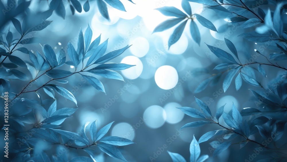 Poster blue leaves with soft bokeh background creating a tranquil and serene atmosphere ideal for nature-th