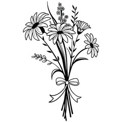 An intricate line drawing of a floral arrangement, showcasing multiple daisy flowers and leaves, bound by a decorative bow. Ideal for use in floral-themed artwork, invitations, or textile patterns.