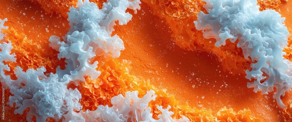 Poster colorful abstract texture with orange and white wavy patterns resembling coral or foam against a tex