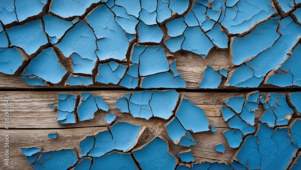 Poster blue paint peeling off wooden surface creating an abstract texture background with cracks and patter