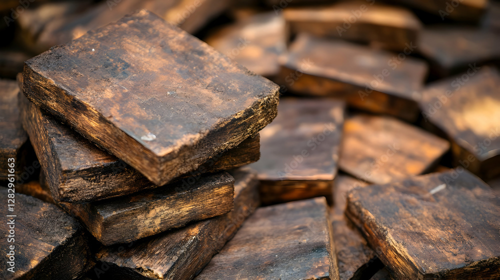 Poster stacked dark brown wooden blocks; close-up texture shot; possible use for background or design eleme