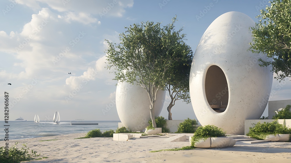 Poster modern architecture with egg shaped structures near the coast
