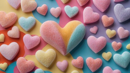 Fototapeta premium Colorful assorted gummy heart shapes on a vibrant multicolored background arranged in various sizes and pastel shades