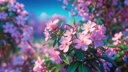 Obraz premium pink flowering branches with lush green leaves against a soft blurred nature background in spring season