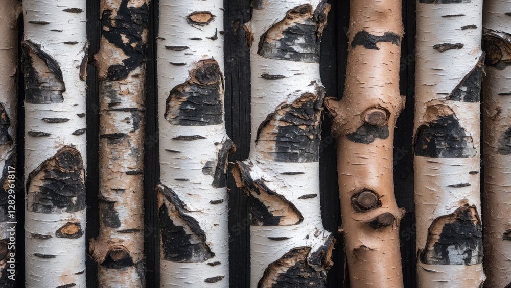 Poster close-up of various birch tree trunks showcasing distinct bark patterns and textures in natural colo