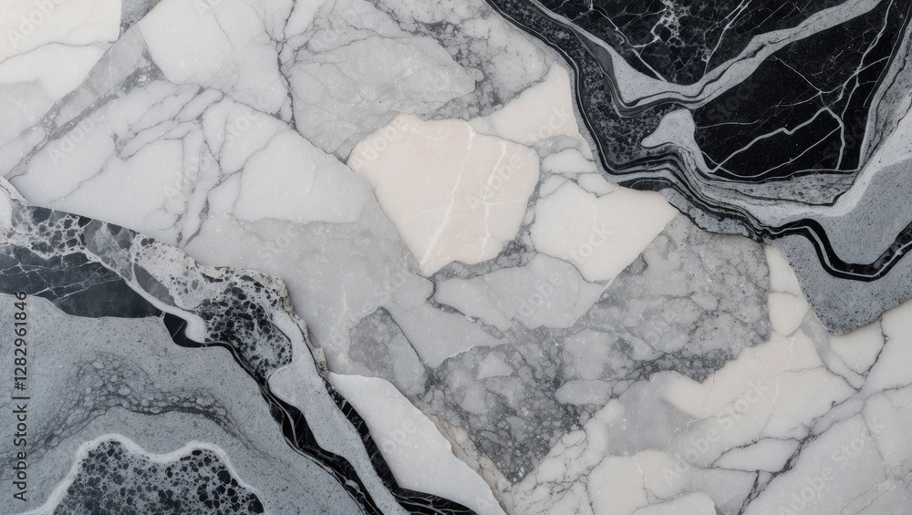 Poster black and white marble texture background with intricate veins and cloudy patterns in a natural ston