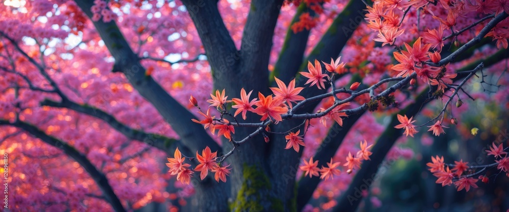 Aufkleber vibrant red and pink maple tree leaves in spring with blurred background of flowering trees in soft 