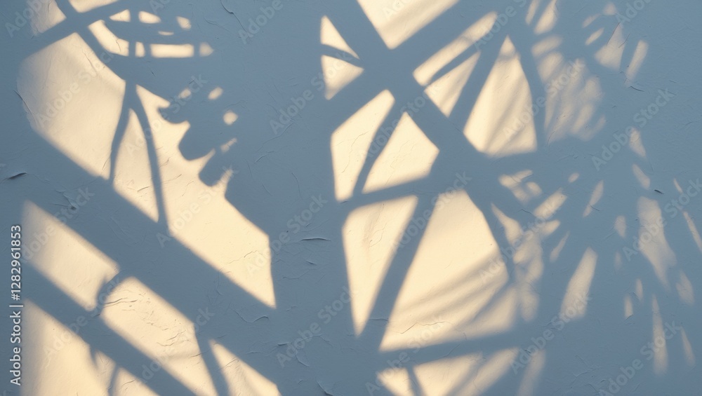 Poster shadow patterns created on a textured wall by overlapping foliage and lines in natural light during 