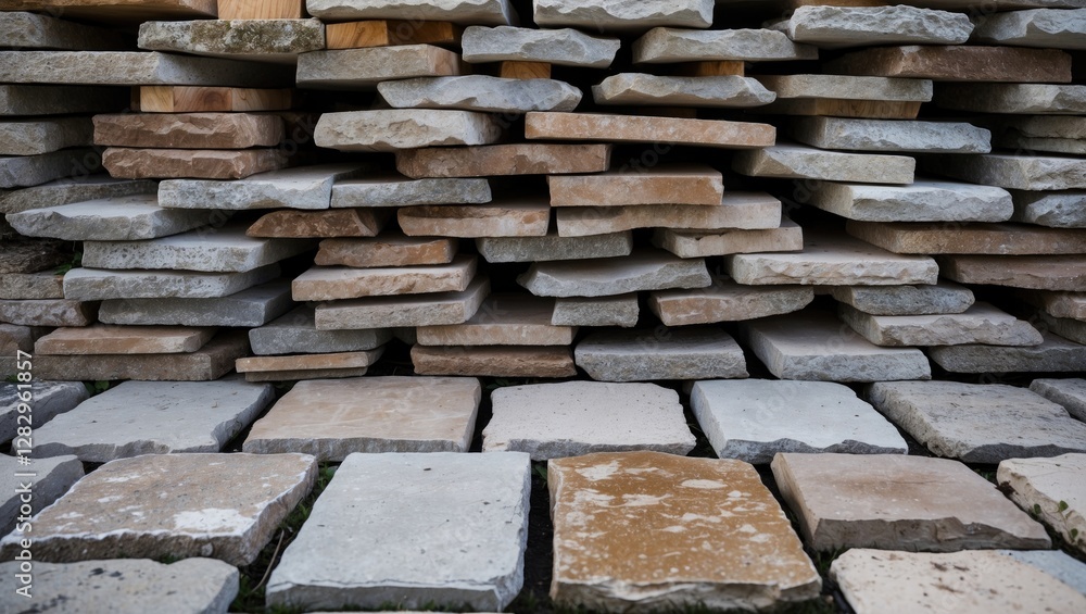 Poster layered stone tiles in various colors stacked against a wall with a focus on the surface textures an