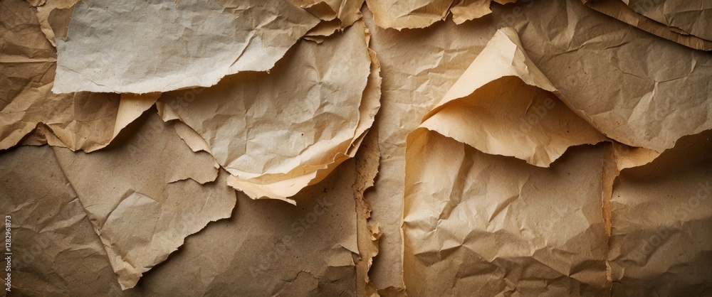 Aufkleber textured background of crumpled and wrinkled brown paper sheets layered together with varying sizes 