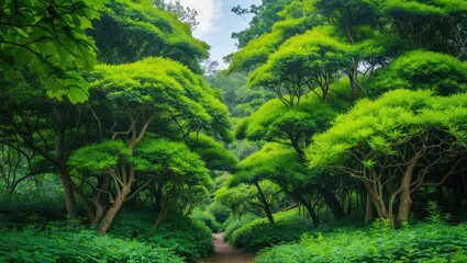 lush green forest with dense trees and a winding path through foliage under bright sky