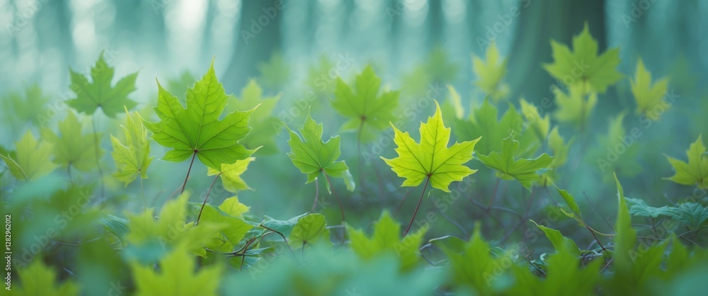 Poster green maple leaves in a misty forest setting with a soft focus background showcasing various shades 