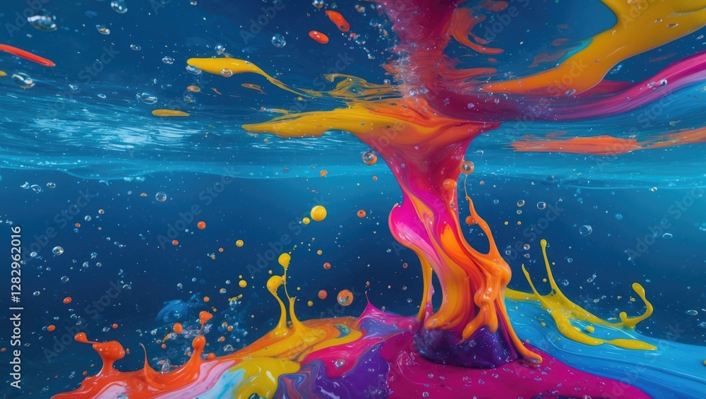 Poster colorful liquid splash with bubbles underwater creating a dynamic abstract pattern in vibrant hues o